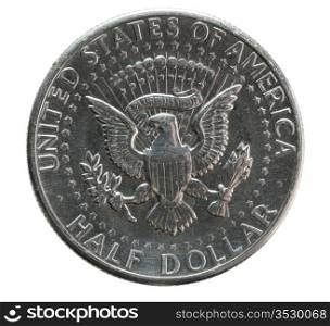 Macro front view of the eagle on a USA one dollar coin isolated against white