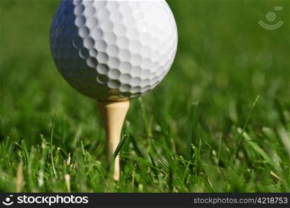 Macro image of a golf ball on a tee. Shallow depth of field, with the focus on the ball. Space for text.