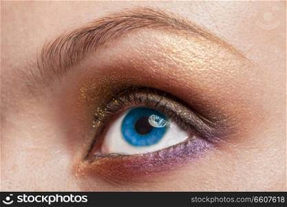 Macro image of blue human woman eye with make up. Macro image of blue woman eye