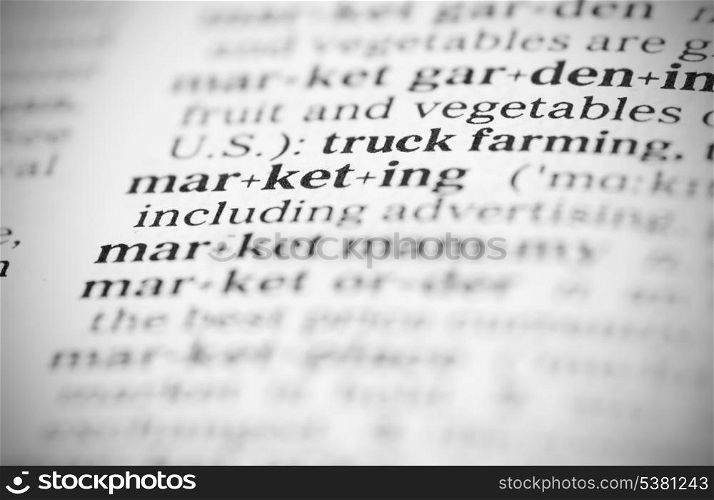 Macro image of dictionary definition of word marketing. Macro image of dictionary definition of marketing