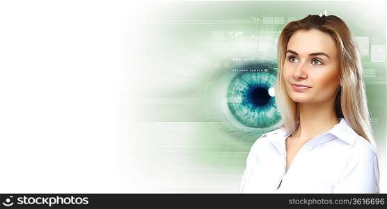 Macro image of human eye against white background