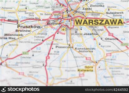 Macro images of Warsaw (Warszawa, Poland) on map.