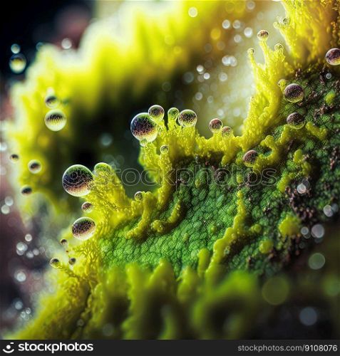 Macro Moss with Small Water Drops Detailed Close-Up Nature Background. Realistic Plant. Generative AI. Macro Moss with Small Water Drops Detailed Close-Up Nature Background. Generative AI