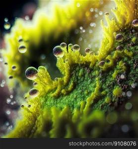 Macro Moss with Small Water Drops Detailed Close-Up Nature Background. Realistic Plant. Generative AI. Macro Moss with Small Water Drops Detailed Close-Up Nature Background. Generative AI