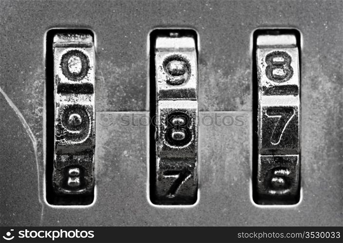 Macro of combination lock - dials set to 987, Shallow DOF