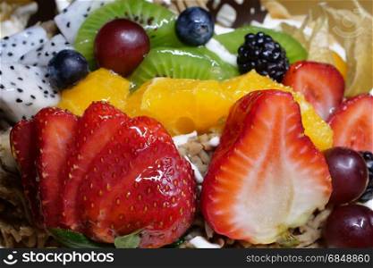 Macro of fruit birthday cake