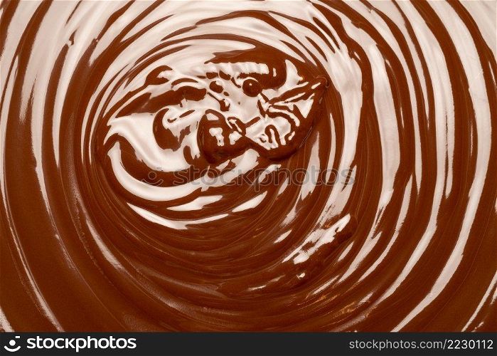 Macro of Melted milk or dark organic chocolate swirl background. Macro of Melted milk or dark chocolate swirl background
