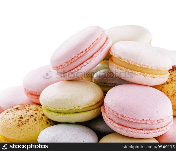 Macro of Multicolored macaroons isolated on white
