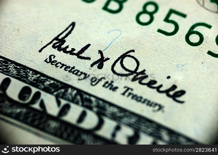 macro of one handred dollars - sign of Secretary of the treasury