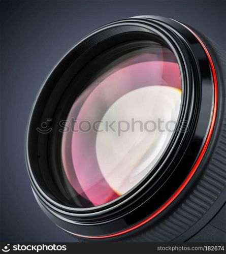 Macro of professional camera lens isolated on black background