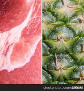 Macro of raw pork slice and pineapple skin, diet, healthy food themed background.