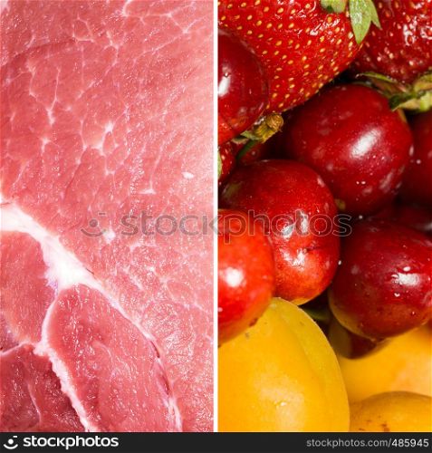 Macro of raw pork slice, cherry, strawberry and apricot, diet, healthy food themed background.