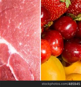 Macro of raw pork slice, cherry, strawberry and apricot, diet, healthy food themed background.