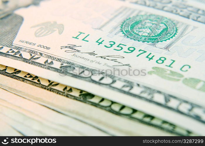 macro of set of 20 dollar bills, shallow DOF