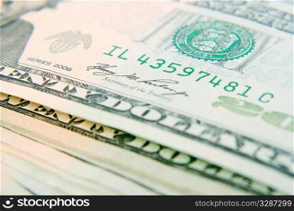 macro of set of 20 dollar bills, shallow DOF