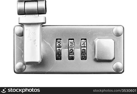 Macro of suitcase or travel bag combination lock isolated over white - dials set to 123, Shallow Focus