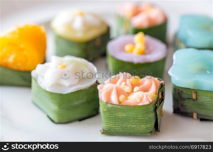 macro of Thai sweets, or Khanom Thai. The art of Thai desserts have been passed down through the generations.