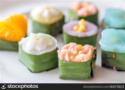macro of Thai sweets, or Khanom Thai. The art of Thai desserts have been passed down through the generations.