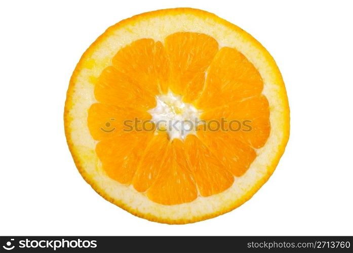 Macro orange slice isolated on white background.