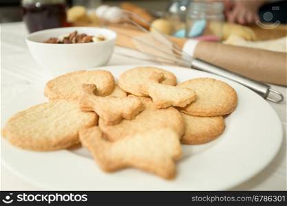 Macro photo of freshly baked cookies lying on white dish at kitchen