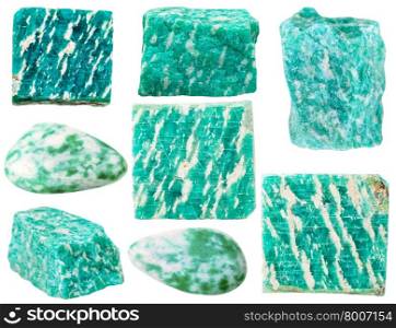 macro shooting of collection natural rock - various green amazonite (amazon stone) mineral gem stones isolated on white background