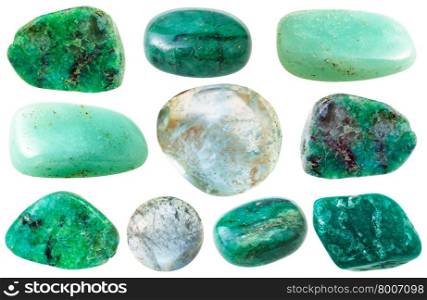 macro shooting of collection natural stones - various green beryl and aquamarine gem stones isolated on white background