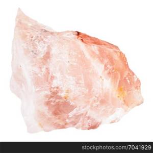 macro shooting of natural mineral rock specimen - raw crystal of rose quartz gemstone isolated on white backgroundfrom Kiv-Guba mine, Karelia, Russia