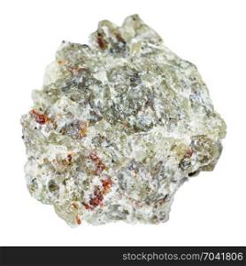 macro shooting of natural mineral rock specimen - raw olivine stone isolated on white background from Kovdor region, Kola Peninsula, Russia