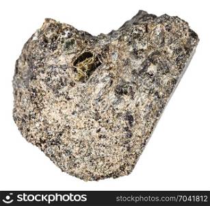 macro shooting of natural mineral rock specimen - raw peridotite stone with Phlogopite mica isolated on white background from Kovdor region, Kola Peninsula, Russia