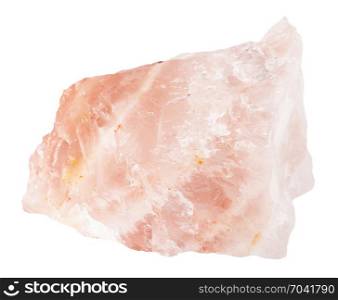 macro shooting of natural mineral rock specimen - rough crystal of rose quartz gemstone isolated on white backgroundfrom Kiv-Guba mine, Karelia, Russia