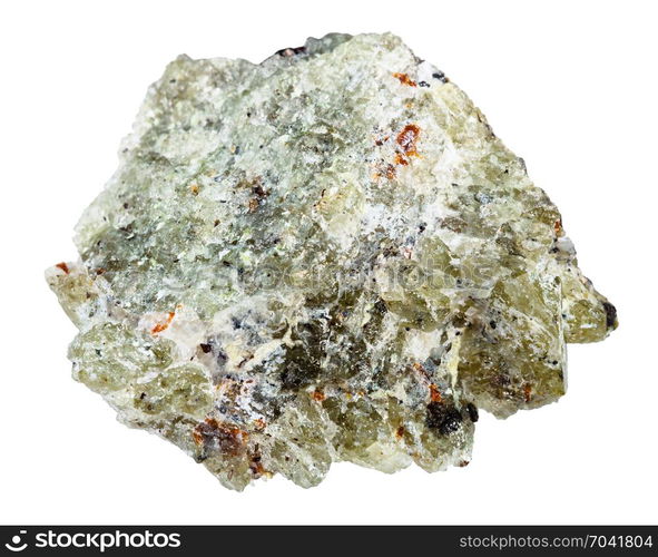 macro shooting of natural mineral rock specimen - rough olivine stone isolated on white background from Kovdor region, Kola Peninsula, Russia