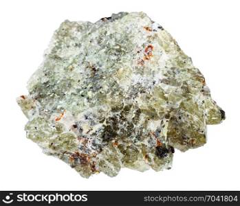 macro shooting of natural mineral rock specimen - rough olivine stone isolated on white background from Kovdor region, Kola Peninsula, Russia