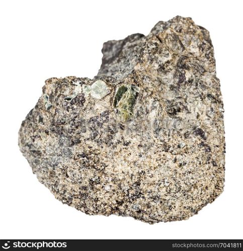 macro shooting of natural mineral rock specimen - rough peridotite stone with Phlogopite mica isolated on white background from Kovdor region, Kola Peninsula, Russia