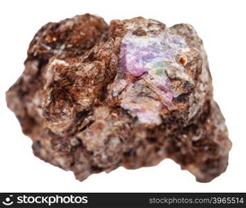 macro shooting of natural mineral stone - corundum crystal on stone of phlogopite isolated on white background