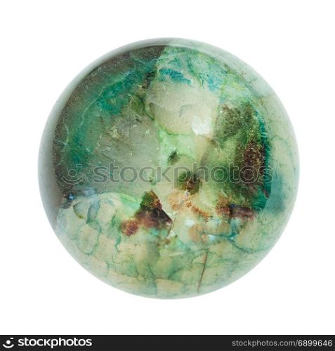 macro shooting of natural mineral stone - crystalline surface of broken ball from polished green Agate gemstone isolated on white background