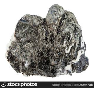 macro shooting of natural mineral stone - knopite rock (black variety of perovskite) isolated on white background