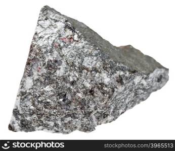 macro shooting of natural mineral stone - piece of stibnite (antimonite, antimony ore) isolated on white background