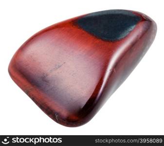 macro shooting of natural mineral stone - polished red ox eye gemstone isolated on white background