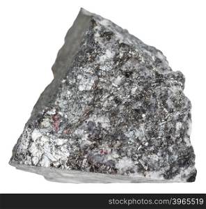 macro shooting of natural mineral stone - specimen of stibnite (antimonite, antimony ore) isolated on white background