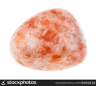 macro shooting of natural mineral stone - tumbled Andesine (sunstone, heliolite) gemstone from USA isolated on white background