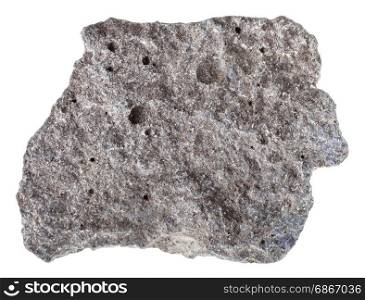macro shooting of specimen of natural igneous rock - piece of porous basalt stone isolated on white background from Russia