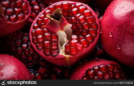 Macro shot of a glistening pomegranate, showcasing its vibrant red hue and water droplets. Ideal for health, nutrition, and gourmet food advertisements. Created with generative AI tools. Macro shot of a glistening pomegranate, showcasing its vibrant red hue. Created by AI