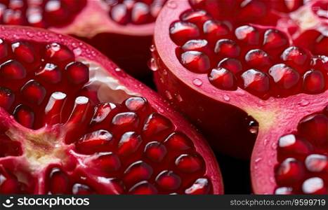 Macro shot of a glistening pomegranate, showcasing its vibrant red hue and water droplets. Ideal for health, nutrition, and gourmet food advertisements. Created with generative AI tools. Macro shot of a glistening pomegranate, showcasing its vibrant red hue. Created by AI