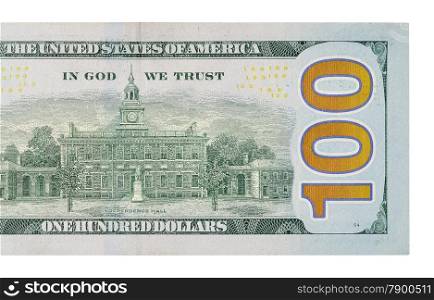 Macro shot of back on 100 dollar bill