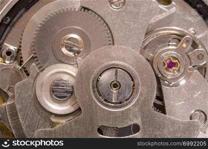 Macro shot of clockwork gears inside the old watch