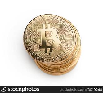 Macro shot of crypto currency gold Bitcoin coins. Isolated on white background
