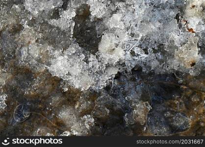 Macro shot of ice on a creek. Natural winter background.