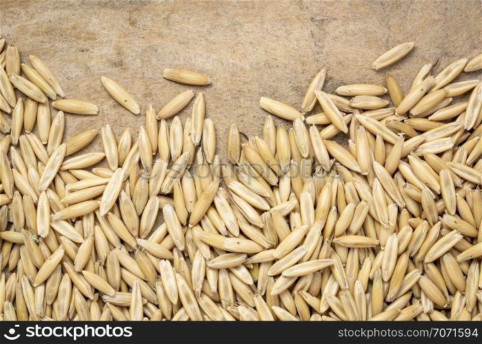 macro shot of oats (organic, whole groats) against textured bark paper