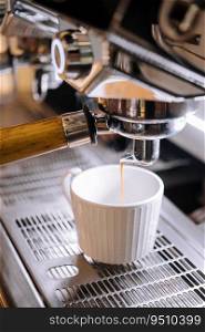 Macro shot of preparing espresso on professional coffee machine