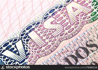 Macro shot of Schengen visa in passport